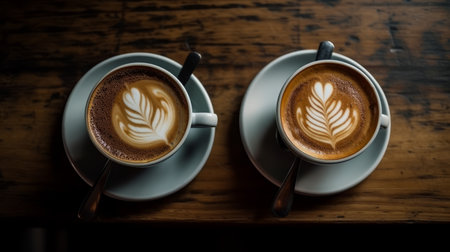 Cups Cappuccino on a Wooden Surface Background Generative AIの素材