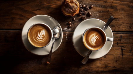 Cups Cappuccino on a Wooden Surface Background Generative AIの素材