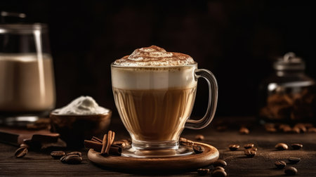 Cups Cappuccino on a Wooden Surface Background Generative AIの素材