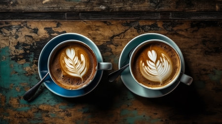 Cups Cappuccino on a Wooden Surface Background Generative AIの素材