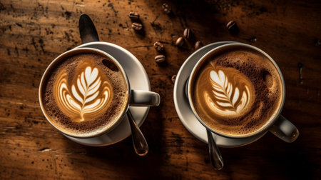 Cups Cappuccino on a Wooden Surface Background Generative AIの素材