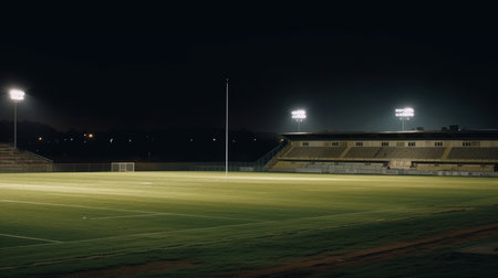universal grass stadium illuminated by spotlights and empty green grass playground Generative AIの素材
