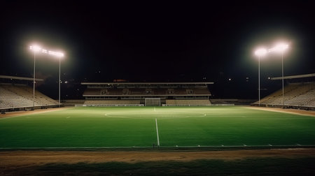 universal grass stadium illuminated by spotlights and empty green grass playground Generative AIの素材