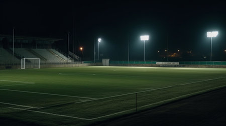 universal grass stadium illuminated by spotlights and empty green grass playground Generative AIの素材