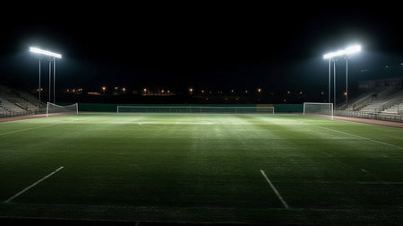 universal grass stadium illuminated by spotlights and empty green grass playground Generative AIの素材