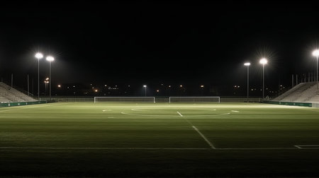universal grass stadium illuminated by spotlights and empty green grass playground Generative AIの素材