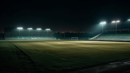 universal grass stadium illuminated by spotlights and empty green grass playground Generative AIの素材