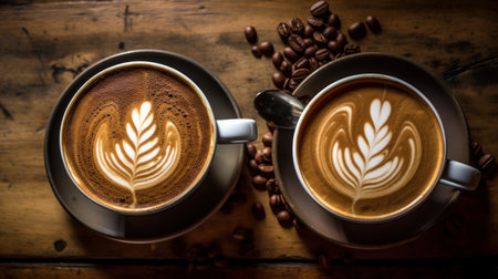 Cups Cappuccino on a Wooden Surface Background Generative AIの素材