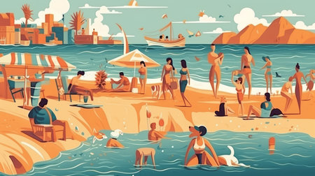 People Enjoying Summer Vacation at The Beach Generative AIの素材