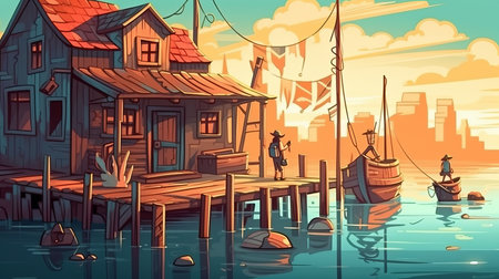 People are fishing for subsistence, villagers, cooking, trading, sports Generative AIの素材