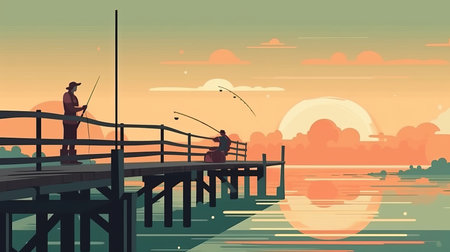 People are fishing for subsistence, villagers, cooking, trading, sports Generative AIの素材