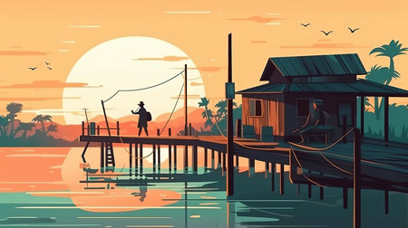 People are fishing for subsistence, villagers, cooking, trading, sports Generative AIの素材