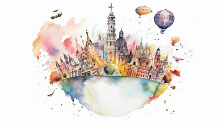 Travel around the world, watercolor, white background scene Generative AIの素材