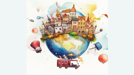Travel around the world, watercolor, white background scene Generative AIの素材