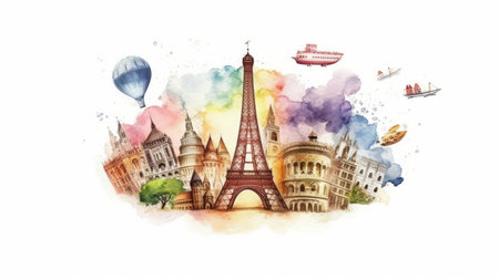 Travel around the world, watercolor, white background scene Generative AIの素材