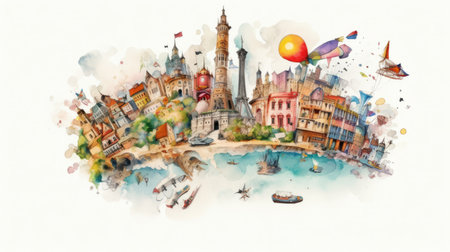 Travel around the world, watercolor, white background scene Generative AIの素材