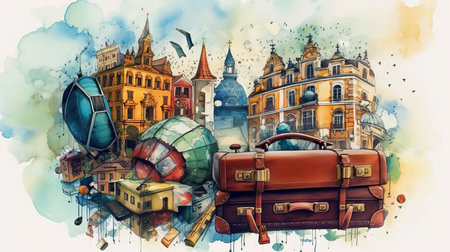 Travel around the world, watercolor, white background scene Generative AIの素材