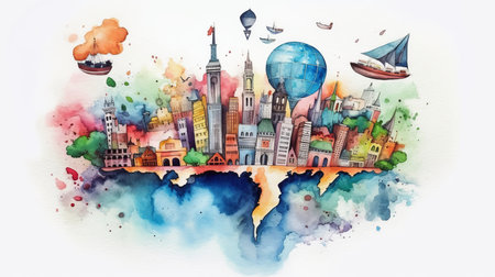 Travel around the world, watercolor, white background scene Generative AIの素材