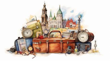 Travel around the world, watercolor, white background scene Generative AIの素材