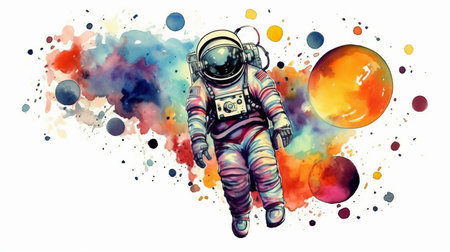 astronaut and universe planets watercolor white background Generative AIの素材