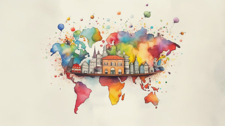 Travel around the world, watercolor, white background scene Generative AIの素材
