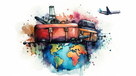 Travel around the world, watercolor, white background scene Generative AIの素材