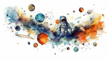 astronaut and universe planets watercolor white background Generative AIの素材