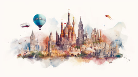 Travel around the world, watercolor, white background scene Generative AIの素材