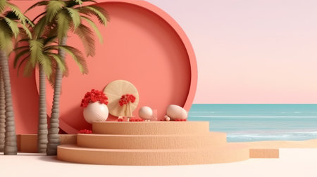 podium stage mockup for product display decorated Summer the hottest season Generative AIの素材