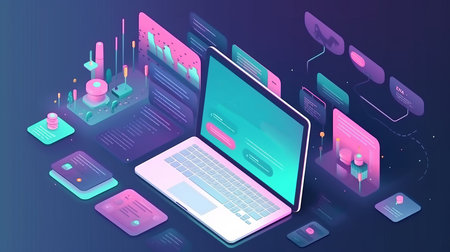 Developmen, programming mobile application software. Create and optimize Layout interface website or app on laptop, tablet, phone. ui ux design. coding concept abstract banner background Generative AIの素材