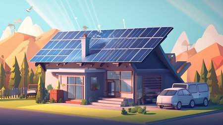 Home virtual battery energy storage with house photovoltaic solar panels plant wind and rechargeable liion electricity backup. Electric car charging on renewable smart power island offgrid system Generative AIの素材