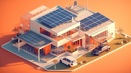 Home virtual battery energy storage with house photovoltaic solar panels plant wind and rechargeable liion electricity backup. Electric car charging on renewable smart power island offgrid system Generative AIの素材