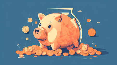 Piggy bank with coins, line for savings Generative AIの素材