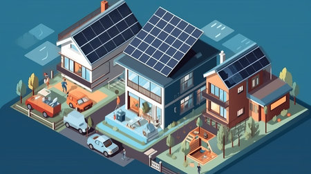 Home virtual battery energy storage with house photovoltaic solar panels plant wind and rechargeable liion electricity backup. Electric car charging on renewable smart power island offgrid system Generative AIの素材
