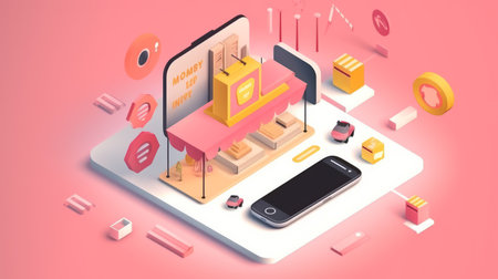 Online shopping via smartphone Isometric Generative AIの素材