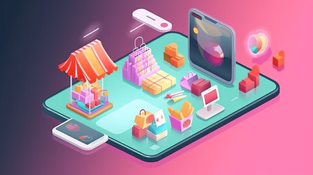 Online shopping via smartphone Isometric Generative AIの素材