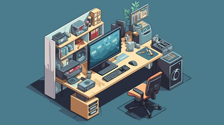 office work computer desk isometric Generative AIの素材