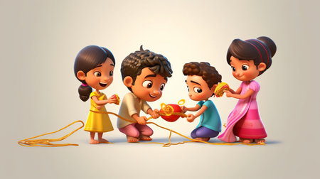 3D Illustration of a group of Indian kids playing charadesの素材