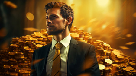 A businessman with golden coins, poster with copy space Fictional Person Generative AIの素材