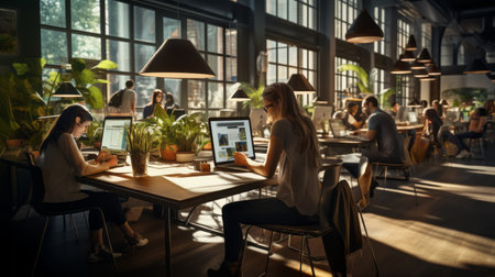 Freelance graphic designer working in a coworking space Generative AIの素材