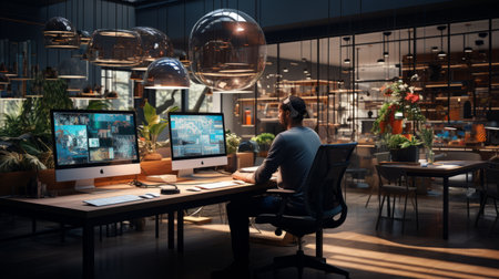 Freelance graphic designer working in a coworking space Generative AIの素材