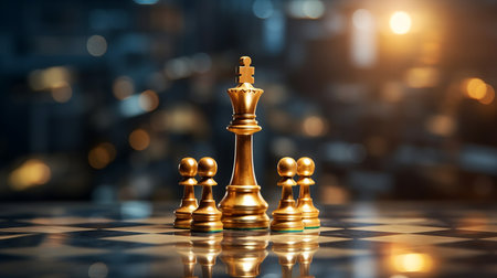 Gold queen is the leader of the chess in the game on board. Business concept. Strategy, Success, management, business planning, disruption and leadership concept Generative AIの素材