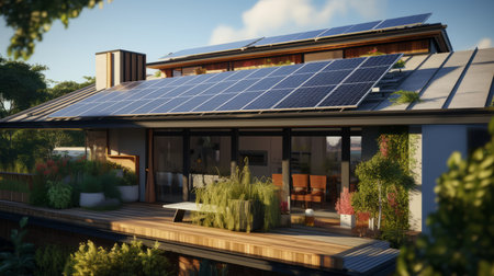 new building with solar panels on the roof. Sustainable and clean energy at home generative AIの素材