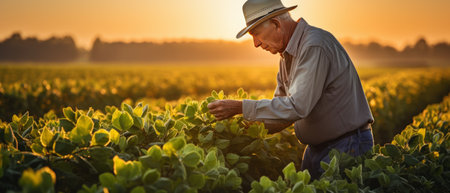 Rear view of senior farmer standing in soybean field examining crop at sunset Generative AIの素材