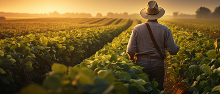 Rear view of senior farmer standing in soybean field examining crop at sunset Generative AIの素材