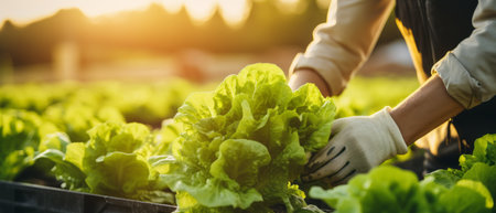 Unrecognizable crop male worker in gloves collecting fresh ripe lettuce on plantation on agricultural farm in summer Generative AIの素材