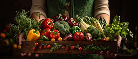 Hands holding wooden box with vegetables Generative AIの素材