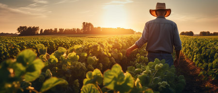 Rear view of senior farmer standing in soybean field examining crop at sunset Generative AIの素材