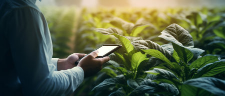 Farmer working in the field of tobacco tree and using smartphone to find an infomation to take care or checking on tobacco plant after planting. Technology for agriculture Generative AIの素材