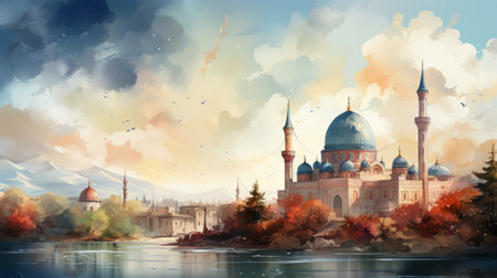 Ramadan the holy time for prayer March 10 to April 9 Watercolor Generative AIの素材